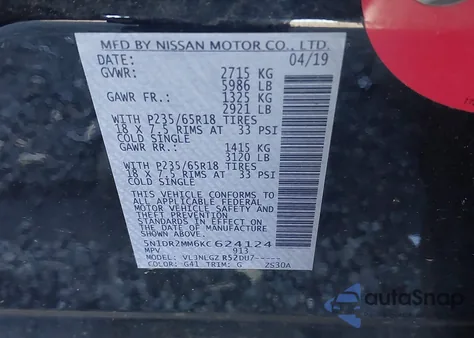 2019 Nissan Pathfinder Sl from USA, damaged, VIN 5N1DR2MM6KC624124
